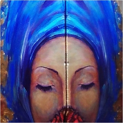 Artwork on stone and mirror by the international artist Lucia Oliva with vertical reflection
