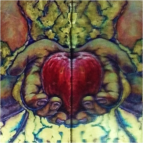 The original Sin is an artwork on marble with vertical reflection by Lucia Oliva, Italian international artist